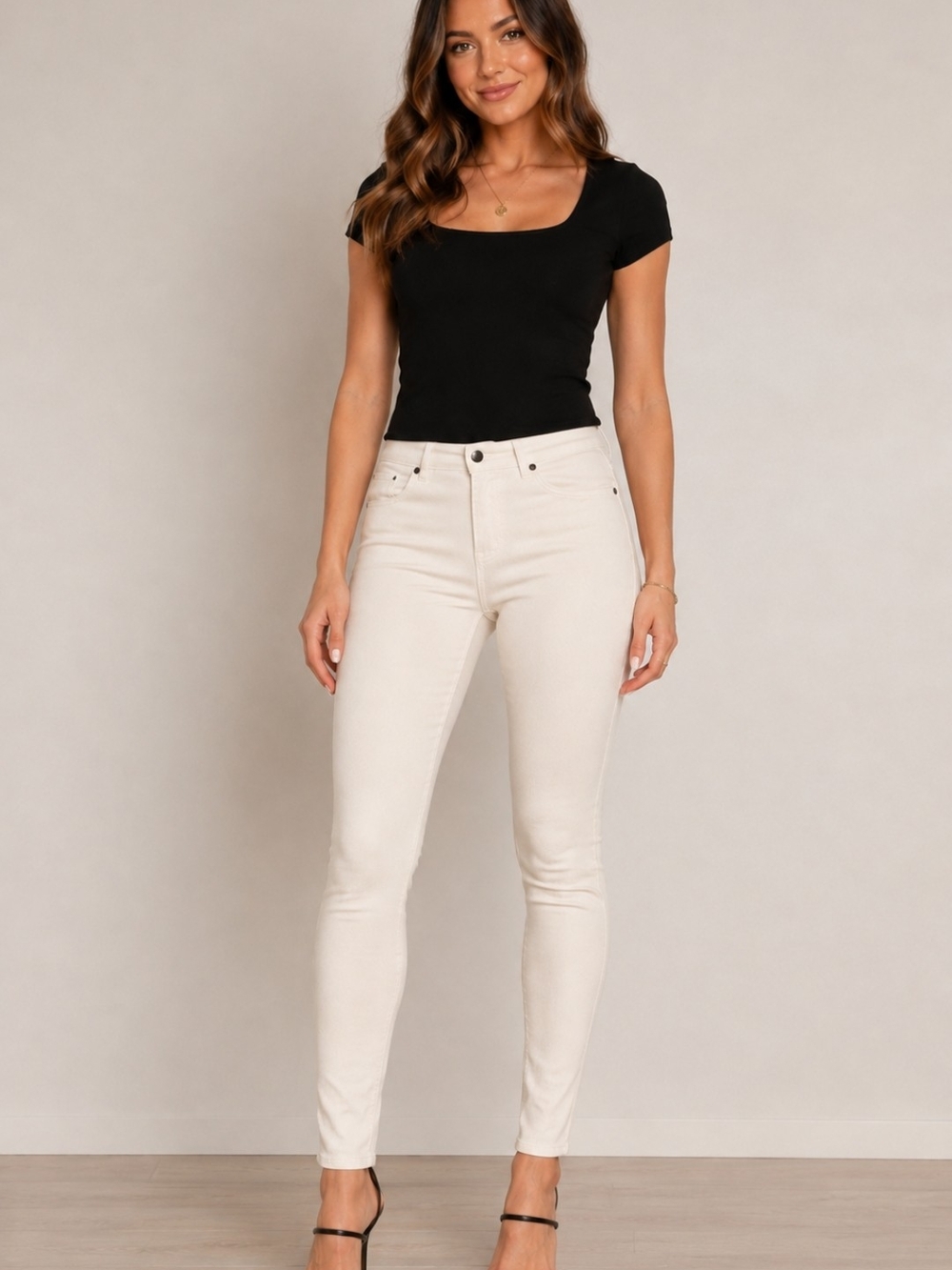 High-Rise Skinny Stretch Jeans in Cream